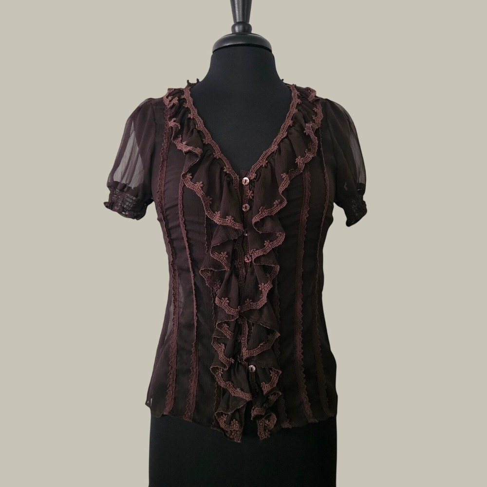 Y2k Ruffle Blouse Womens Brown Sheer Lace Puff Sleeve Boho Whisy